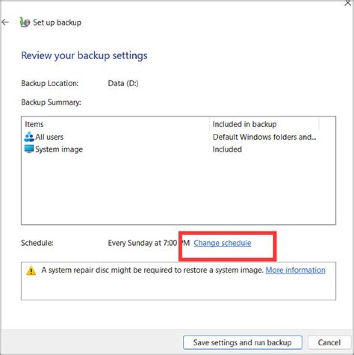 How do I schedule a backup in Windows 10?